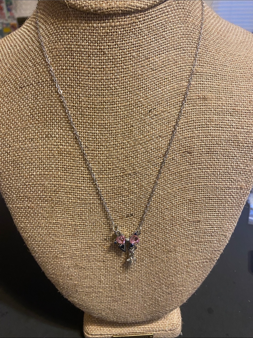 Delicate Silver Necklace with Pink Crystal Bow Charm